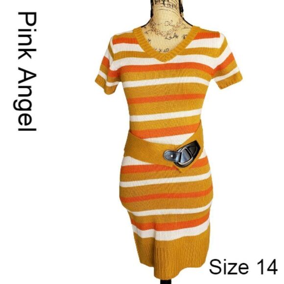 Girls' Sweater Dress Striped Belted Short Sleeve Casual Dress Sz 14 NWT - Picture 1 of 9